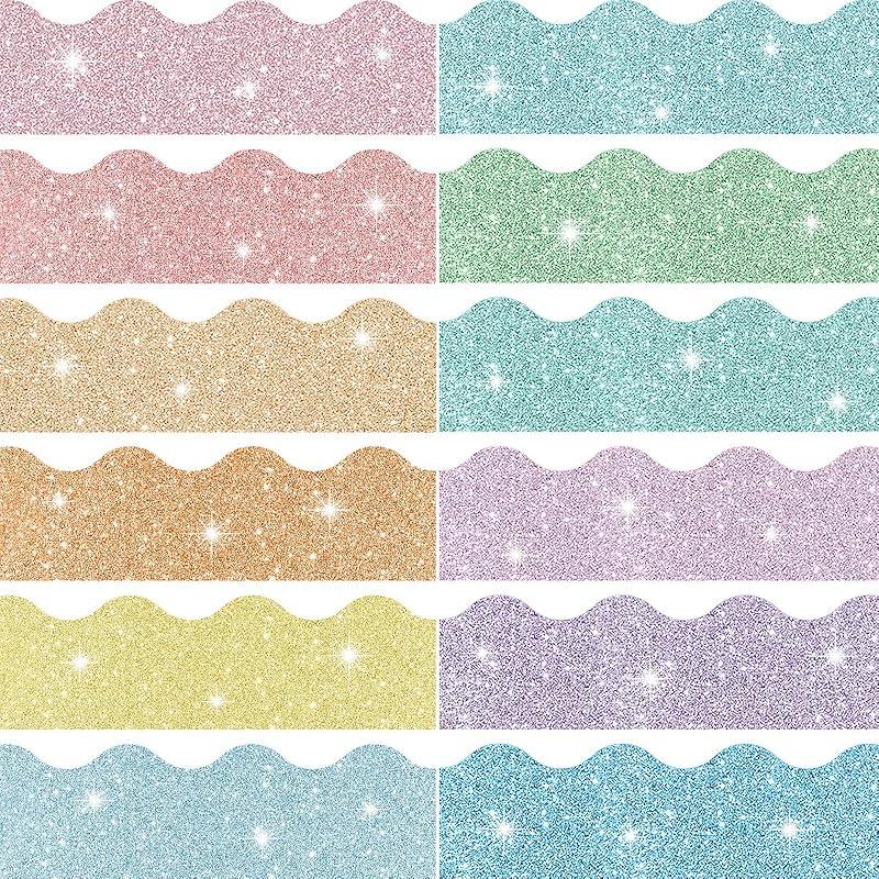 Geyee 120 Pieces Glitter Bulletin Board Border Scalloped Border Trim Shiny Bulletin Poster Decoration Colorful Glitter Paper for School Classroom