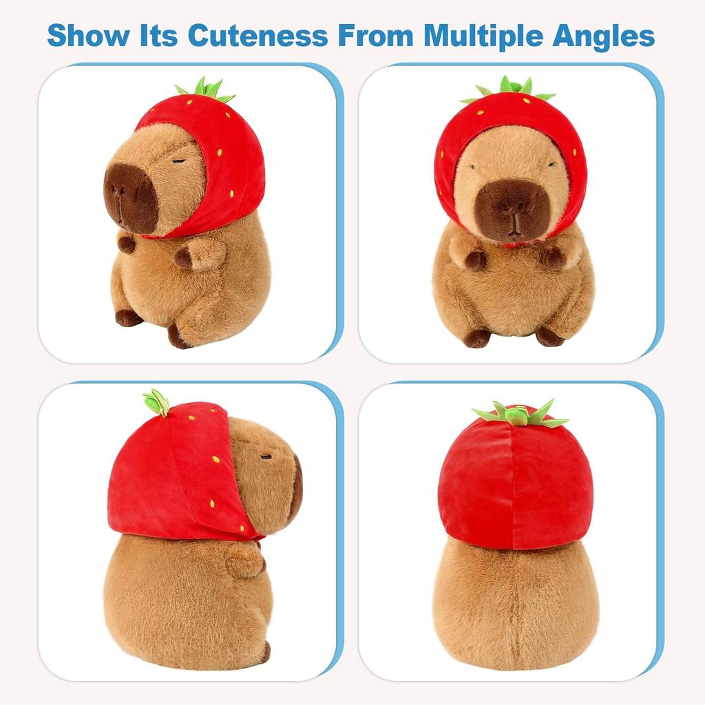 Capybara Plush Toy, Strawberry Hat Capybara Stuffed Animal, Soft Cuddly Plushie, 25 cm Decorative Pillow, Gift for Girls Kids 3+ Years
