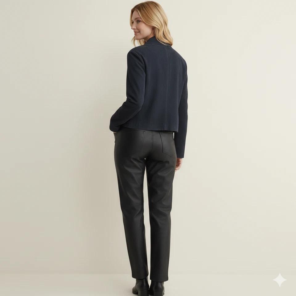 Chaqueta de Cuero Azul Marino Suave de Ante Hecha a Mano para Mujer Casual Genuine Motocicleta