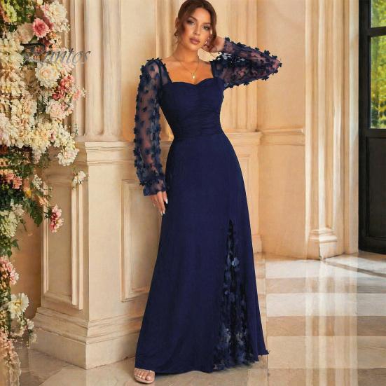 Summer Maxi Dress Flower Lace Sleeve Long for Women, Square Neck Ruffle A-Line Slim Waist Dress, Solid Color Party Soft Women