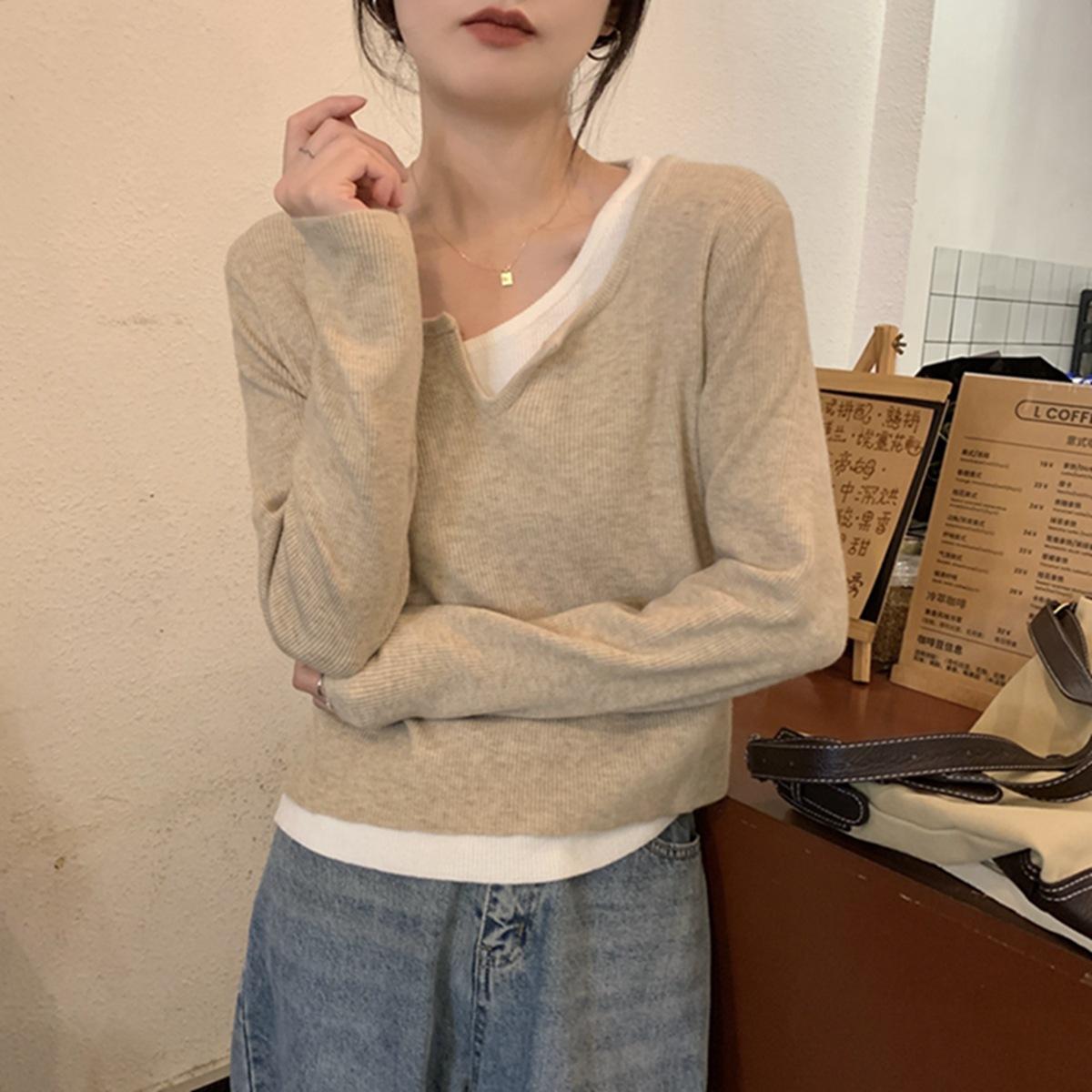 

Contrasting color fake two-piece splicing knitted bottoming shirt women s autumn and winter soft waxy casual long-sleeved sweater top L абрикосовий