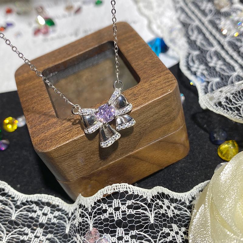 Clear Sky Retro Dreamy Blue Zircon Bow Necklace - S925 Silver, Full Diamond, Niche Girly Design