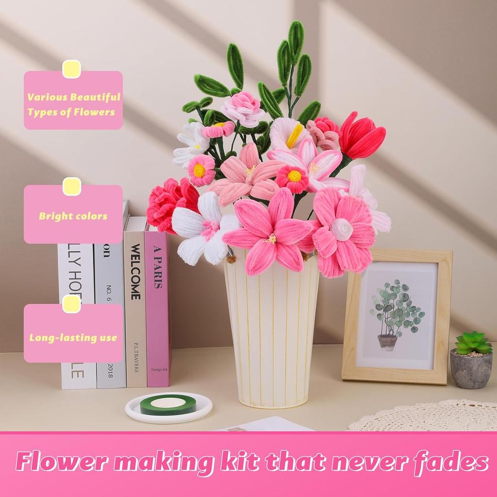 Pipe Cleaner Flowers Craft Kit, 7 Colors Pipe Cleaners Craft Flower Making Kit, Chenille Stems Pipe Cleaners Kit with Tutorial