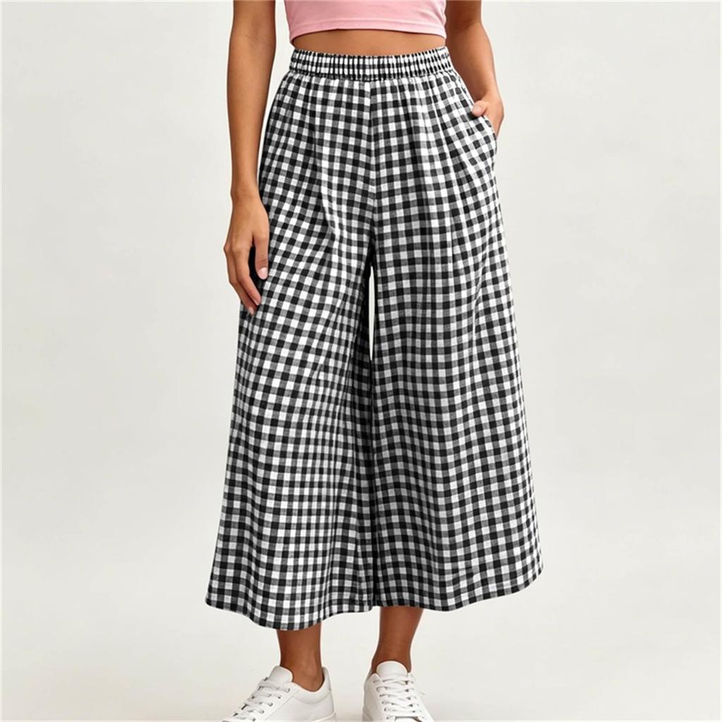 Damen Casual Locker geschnittene Karottenhose mit weitem Bein, elastischem Bund und Taschen