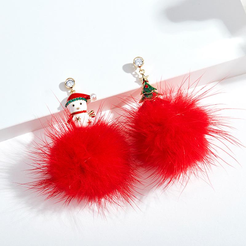 Korean S925 Silver Christmas Earrings: Asymmetrical Drip Oil with Diamonds, Snowman & Tree Pompon Studs.