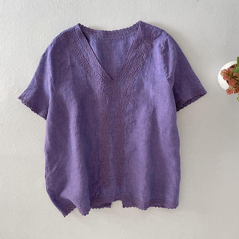 

2026 Summer Japanese Style Slimming V-neck Embroidered Linen Blouse Extra Large фіолетовий