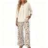 Women Casual Button Front Top with Three Quarter Sleeves and Printed Wide Leg Pants Two Piece Set Lightweight Comfortable Outfit