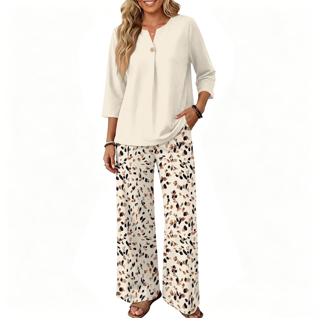 Women Casual Button Front Top with Three Quarter Sleeves and Printed Wide Leg Pants Two Piece Set Lightweight Comfortable Outfit