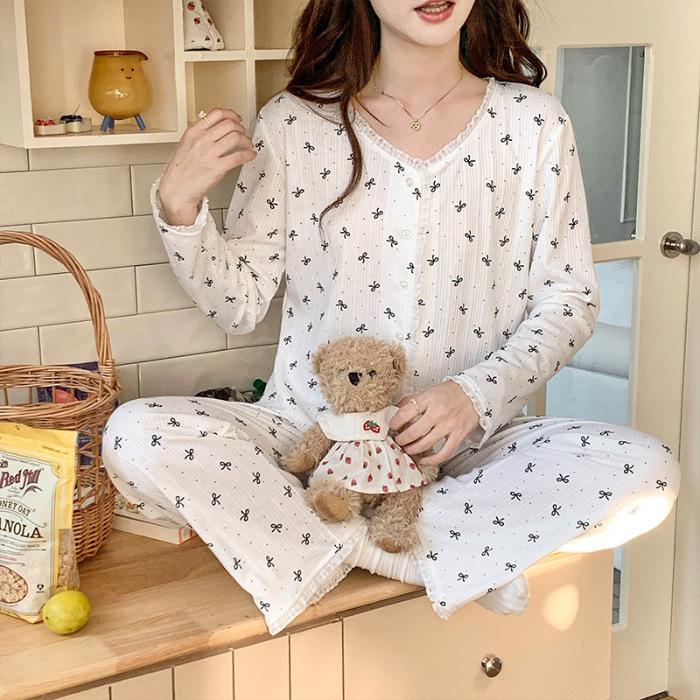 Korean Pink Lace Pajama Set - Spring/Autumn Comfort Wear for Women