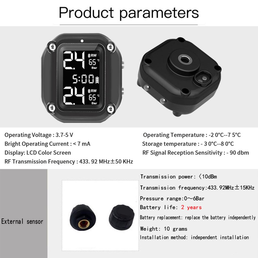 Motorcycle Wireless Tire Pressure Monitoring System USB Charging TPMS for Motorcycle with 2 External Sensors