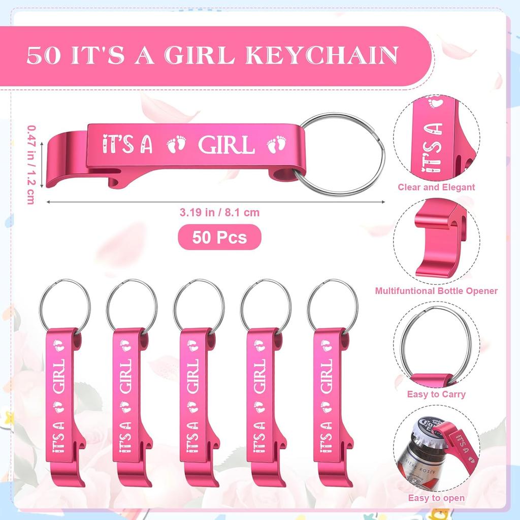 Maxcheck 50 Sets Baby Shower Bottle Opener Favors for Guest Includes It's a Girl Keychain Pink Bottle Opener Aluminum Keychain Baby Shower Thank You