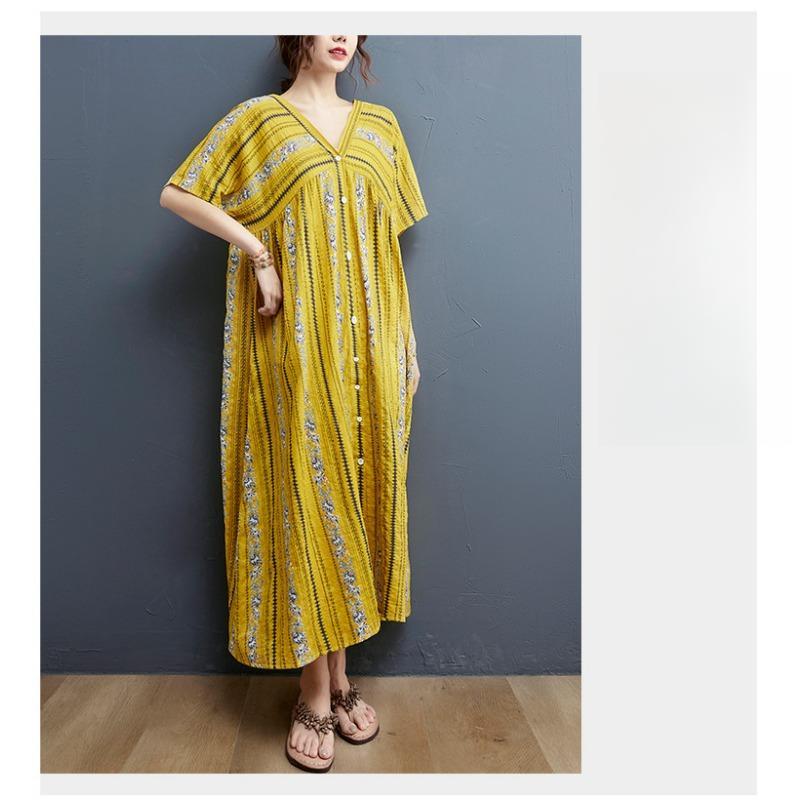 Summer Plus-size Women's Print Knee-length Skirt Literary Loose V-neck Dress