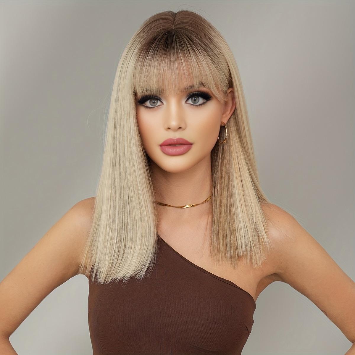 

Светлые парики с мелированием для женщины средней длины прямые волосы с челкой синтетические парики для косплея на каждый день термостойкое волокно светлый