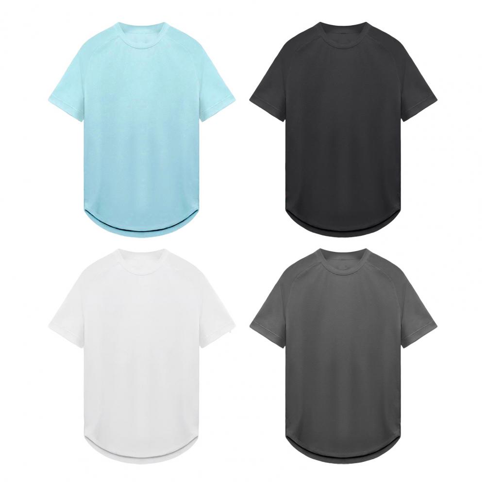 Summer Men T-shirt Round Neck Solid Color Mesh Short Sleeve Quick Dry Loose Elastic Pullover Casual Daily Wear Fitness Sport Top
