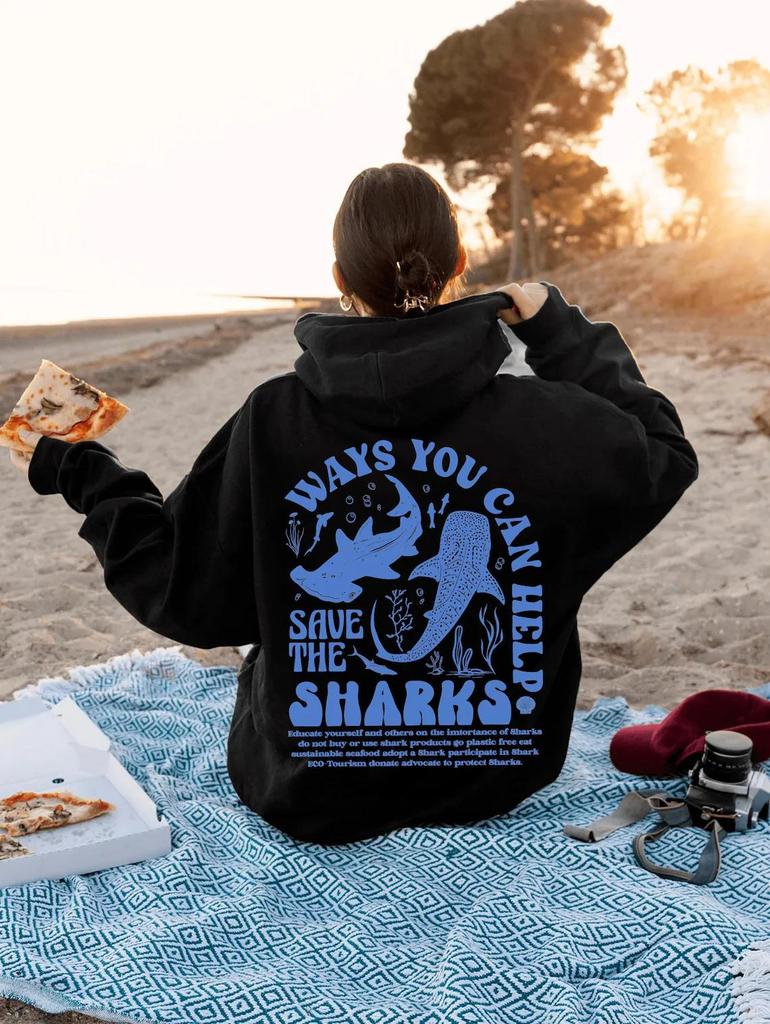 Trendige Save The Sharks bedruckte Hoodies Herbst Winter Langarm Lässige Fleece Lockere Kapuzensweatshirts Damen Herren Kleidung