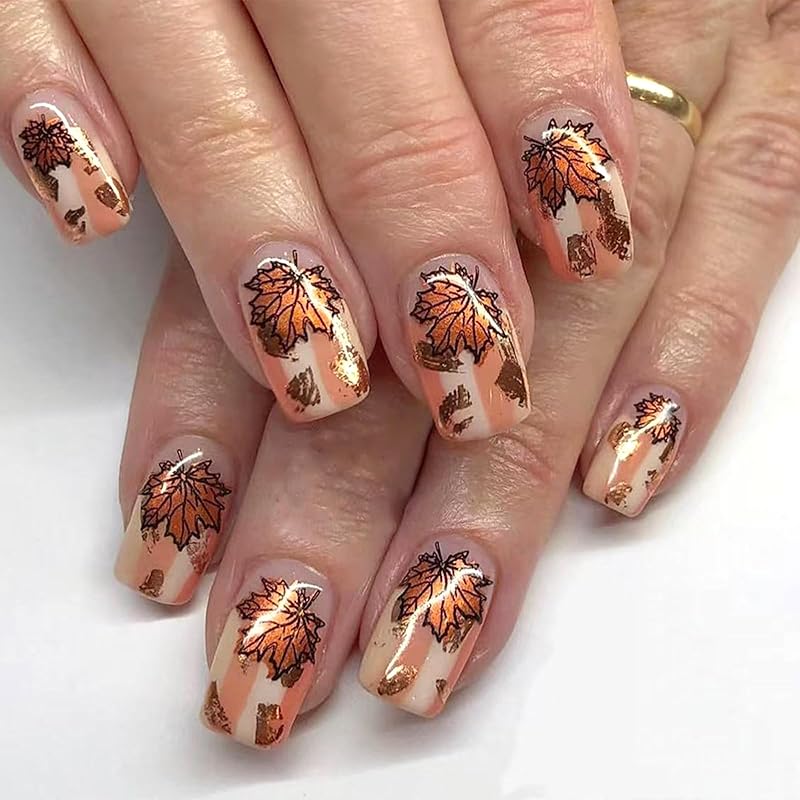 Fall Press On Nails Medium Square Fake Nails with Designs Maple Leaf Stick On Nail Thanksgiving Acrylic False Nail Bling Sequins Artificial Nail