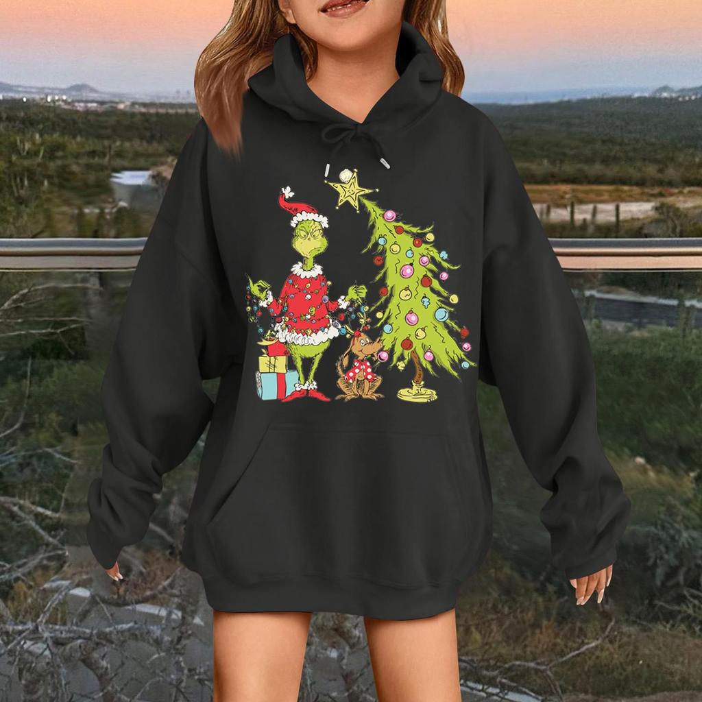 Children's Fashionable Casual Long-sleeved Loose Christmas Print Pullover Hooded Sweatshirt