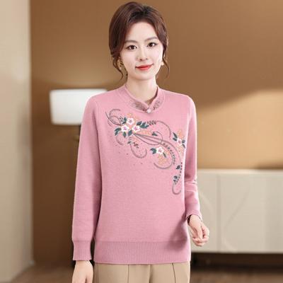 Autumn and Winter New Mother's Cheongsam Collar Embroidered Warm Knitted Sweater Medium Old Woman Thickened Integrated Fleece Sweater