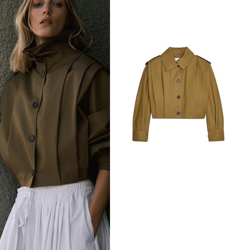 Summer New Women clothes Maillard Pleated Decorative Single-Breasted Blended Long sleeve Turtleneck Outerwear 3194545