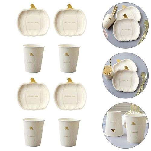 Amosfun Halloween Disposable Tableware Set, 20-Piece Set, Includes Paper Plates, Cups, and Drink Cups. Perfect for Parties and Birthdays. 7-inch Pumpk