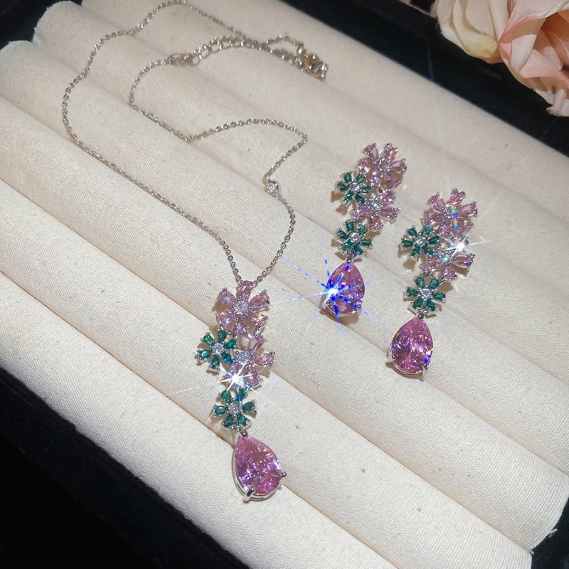 

Dopamine zircon flower stud earrings and necklace - royal court style statement jewelry set