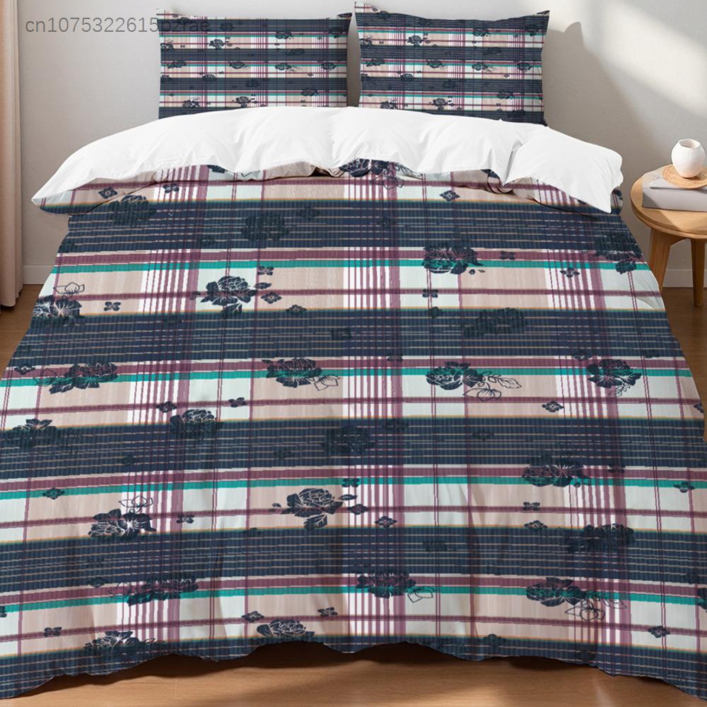 Black White Plaid Bedding Set Floral Embroidery Traditional Ethnic Style Duvet Cover Pillowcase Breathable For Home Bedroom