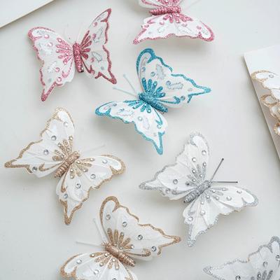 6 Piece Butterfly Flower Ornaments for Christmas Tree Wreaths and Centerpieces Lightweight and Flexible Materials