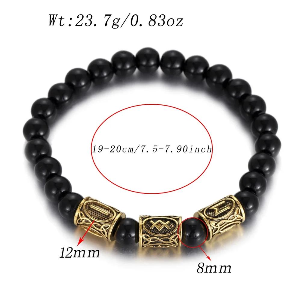 Classic Gold Vikings Runes Bracelet 8Mm Lava Stone Handmade Elastic Jewelry for Women Men