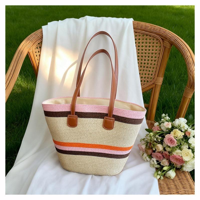 Damen Große Kapazität Gewebte Eimer Tasche Einzelne Schulter Handtasche Farbblock Mode Strandtasche