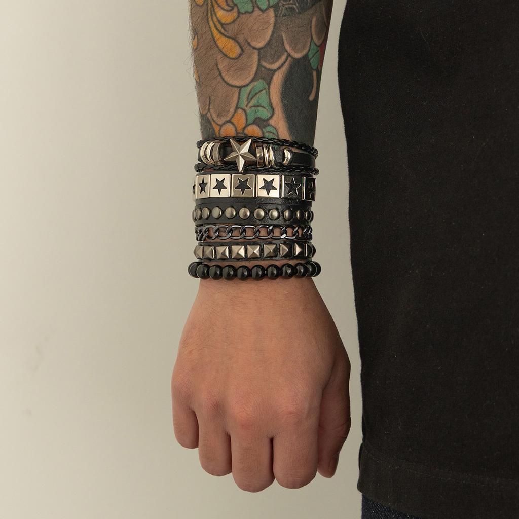 Vintage Fashion Five-Pointed Star Leather Bracelet for Men Hip-Hop Personality Chain Bracelet Men's Beaded Jewelry