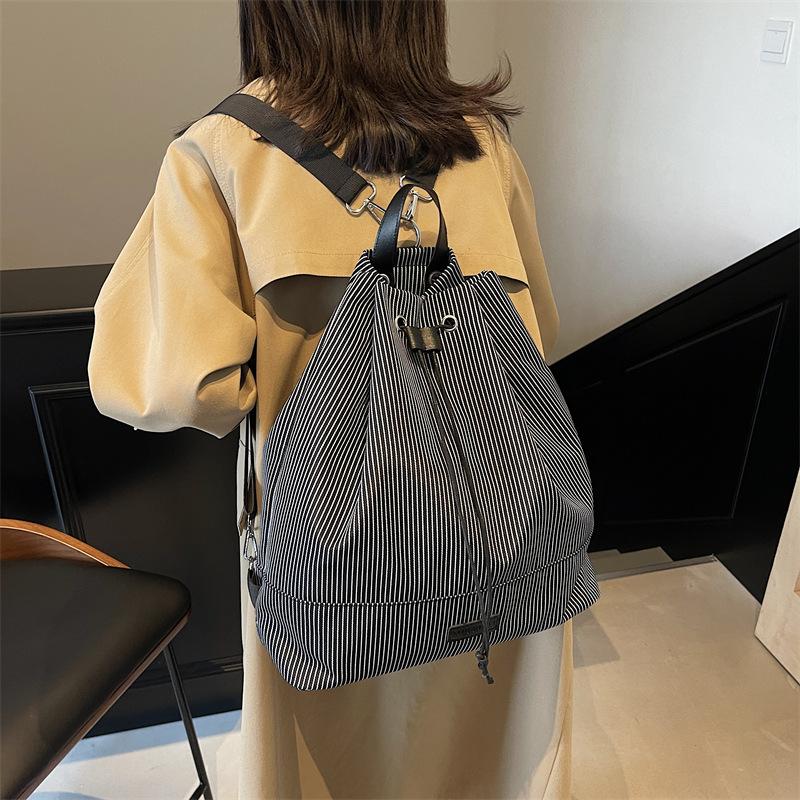 Student Casual Backpack Bag Women'S Autumn And Winter Tide Striped Canvas Bag Versatile Large-Capacity Backpack