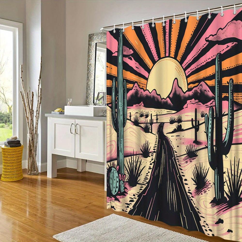 [Retro Shower Curtain] 1Pc Retro Desert Sunset Shower Curtain - Polyester Bathroom Decor - Western-Themed Art