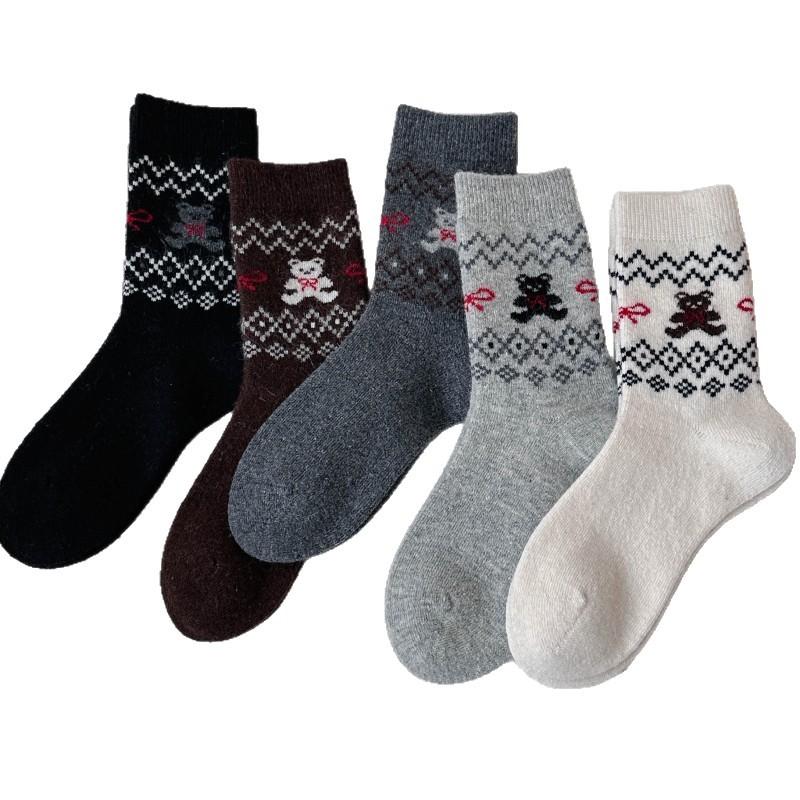 Retro Warm Socks for Women's Autumn and Winter, Bear Wool Socks, Wavy Cartoon Thickened Women's Socks