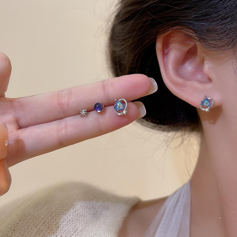Silver Needle Blue Planet Set Earrings Women's Niche Design Sense of Wind Earrings Sleeping No Ear Removal Jewelry