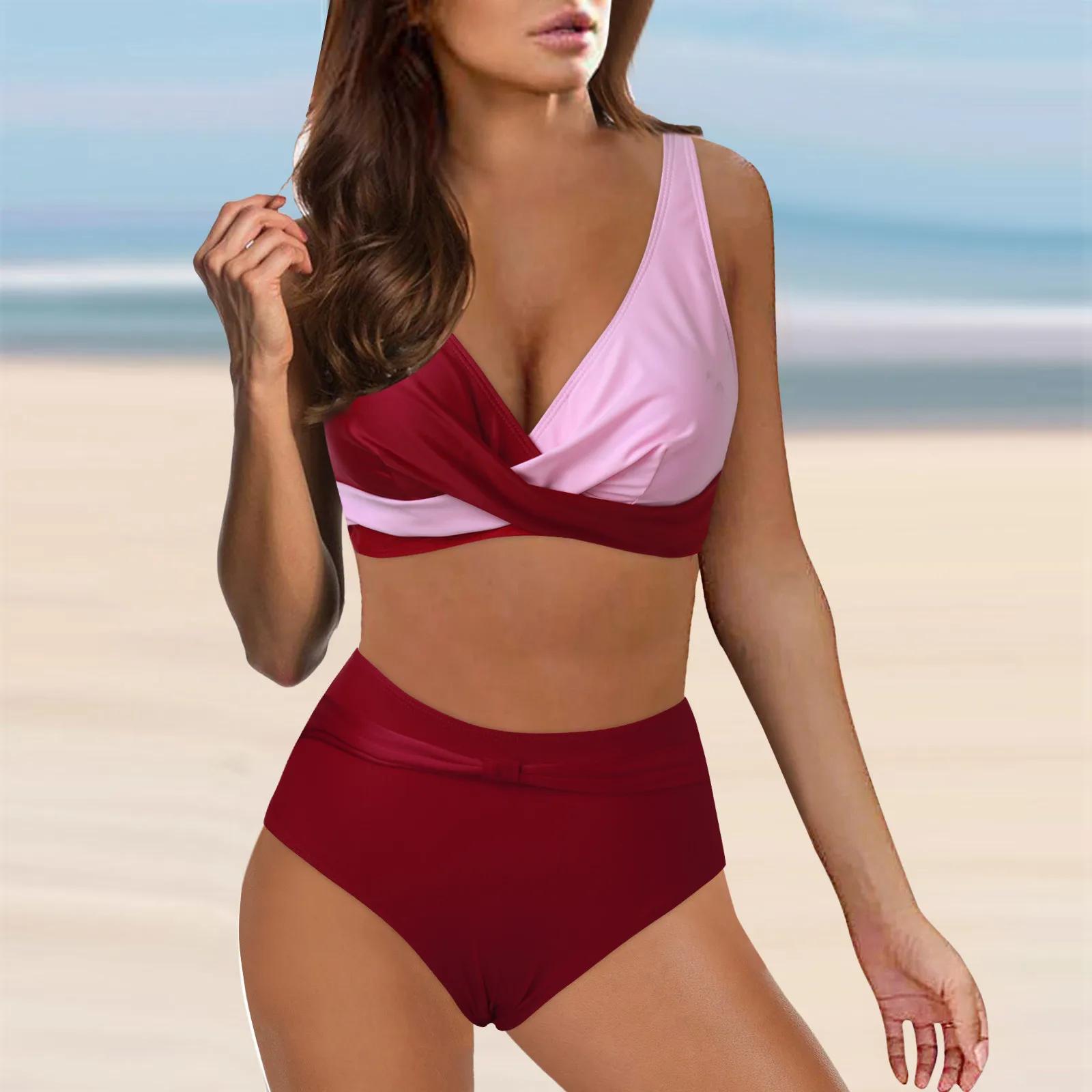 

Женский купальник из двух частей, однотонный купальник, эластичный боди, купальник пуш-ап, пляжная одежда, купальный костюм большого размера, танкини 2024 XXL