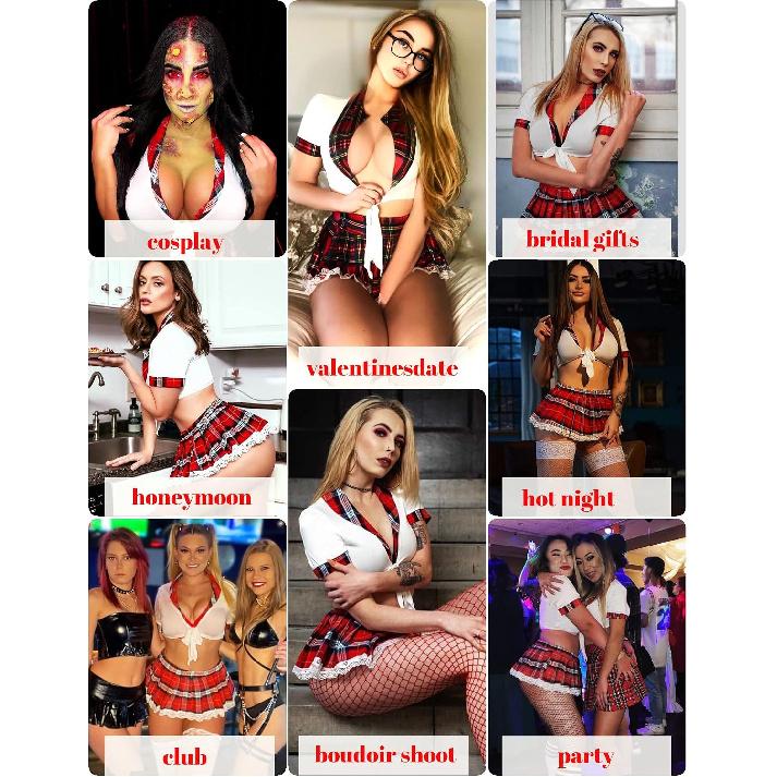 ADOME Lingerie for Women Sexy Schoolgirl Costume 0utfit Lingerie Set | Student Cosplay Roleplay, School Girl Outfit with Tie Top & Mini Pleated