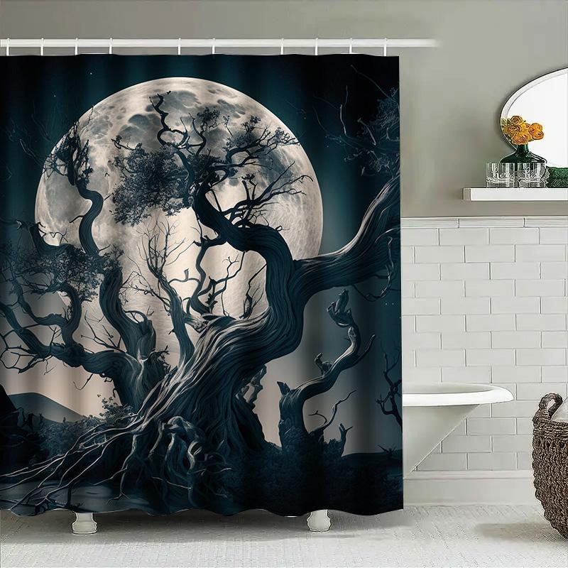 Tuniu Dark Moody Tree Moon Night Scene Bathroom Curtain Decor 128Cm W60H190(CM)-1 Pcs