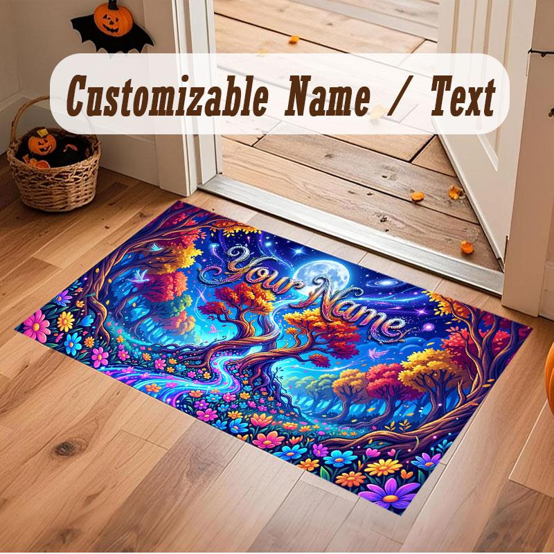Mushroom Forest Theme Crystal Velvet Floor Rug Personalized Custom Name Text Warm Carpet Home Decoration