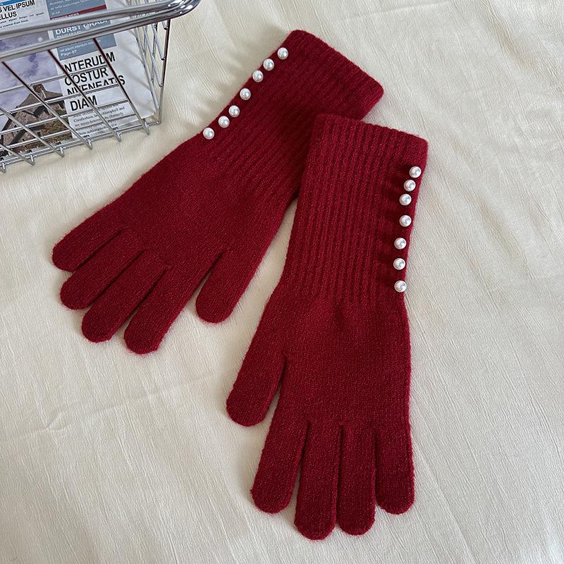 Korean Style Autumn/Winter Pearl Fingerless Touchscreen Wool Gloves for Women