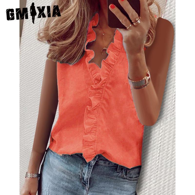 

GMXIA Женские модные повседневные однотонные блузки и рубашки без рукавов с v-образным вырезом и принтом XXXXXL оранжевый