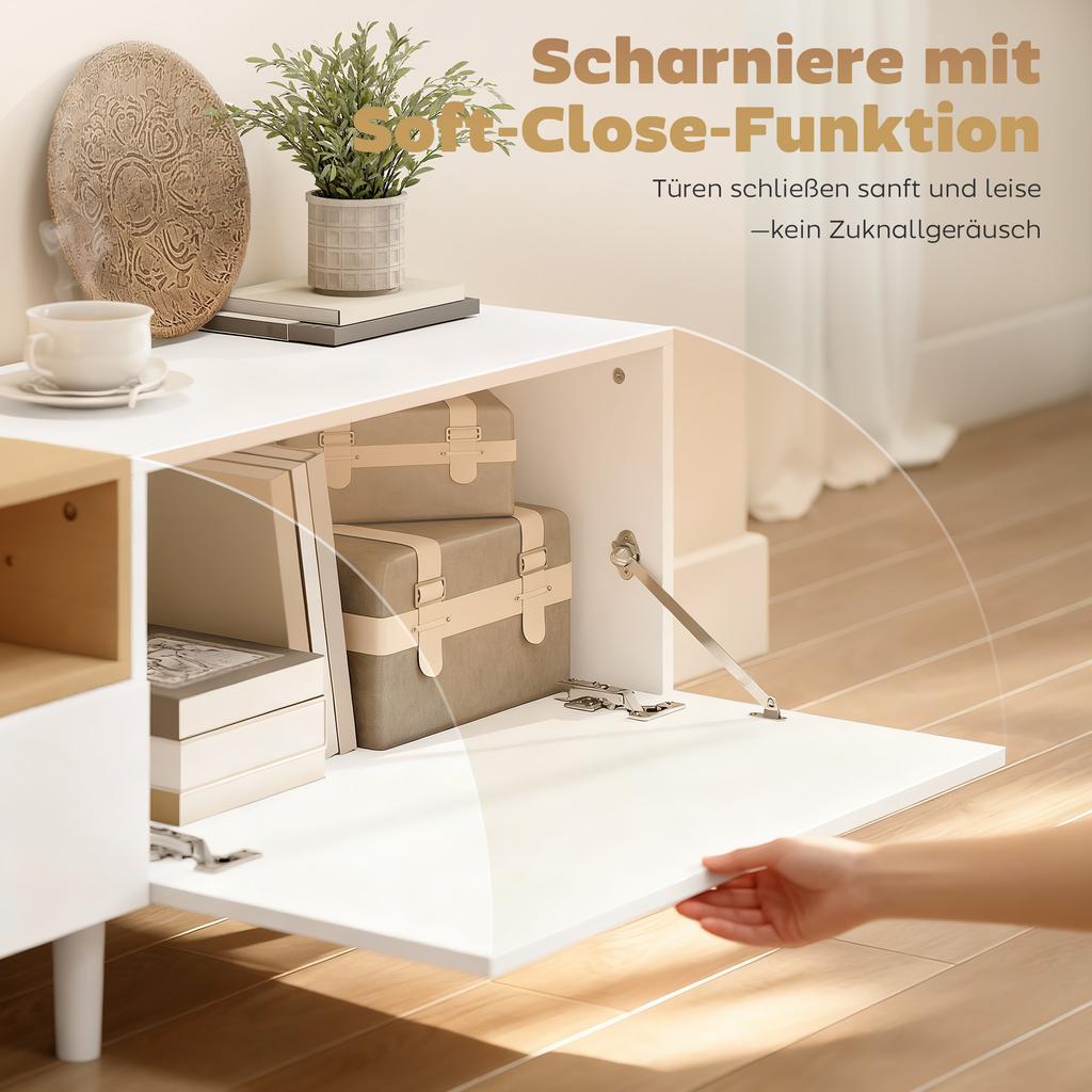 200 Cm TV Cabinet for TVs Up To 90 Inches, 2 Cabinet Compartments, Open Shelf, Drawer, 8 Legs, Chipboard, White