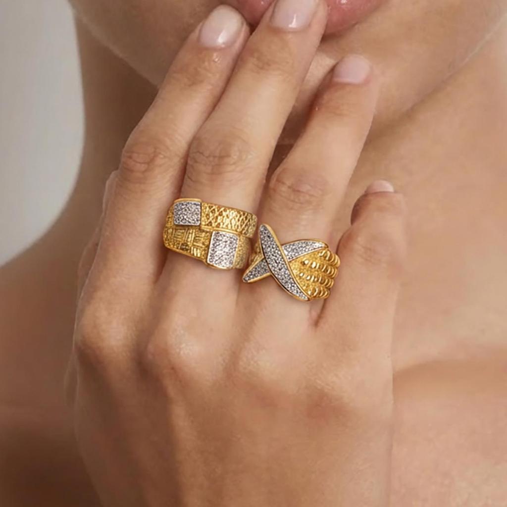 Luxury Retro Diamond X-Shaped Ring: Stainless Steel, Square Pattern, Fashionable & Versatile