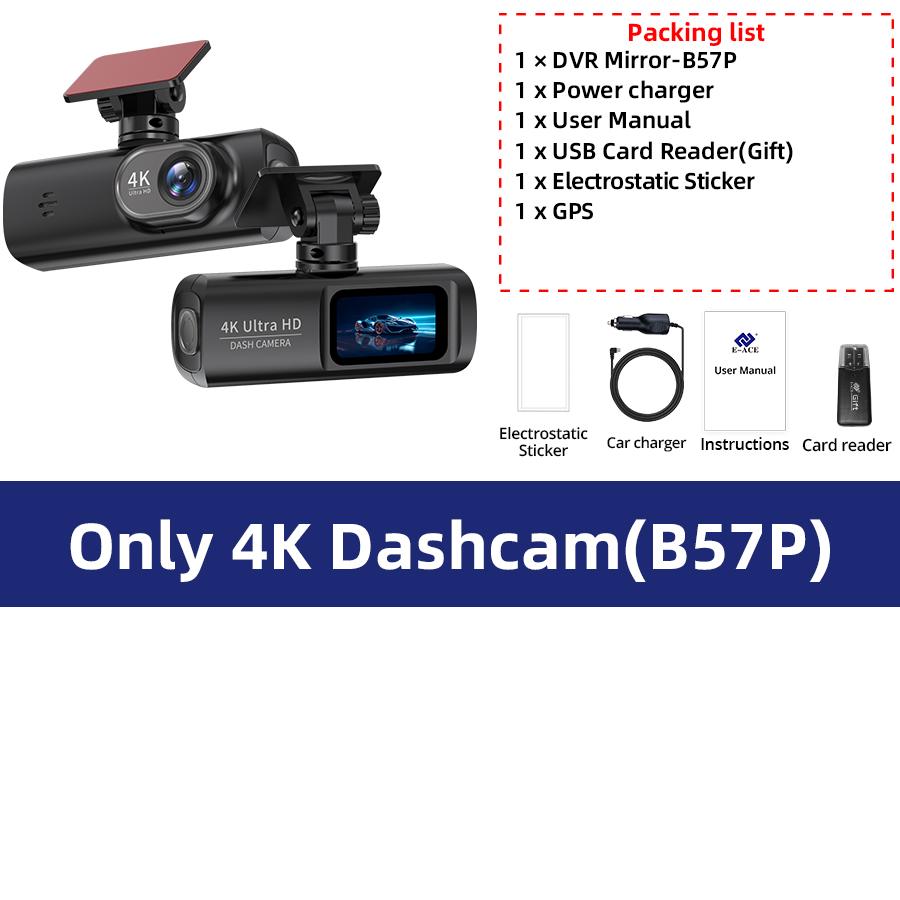 

E-ACE Dash Cam UHD 4K для автомобильной камеры ночного видения с GPS WiFi 24-часовая запись парковочного цикла 4K передняя и 1080P задняя с двумя объективами NO TF Card
