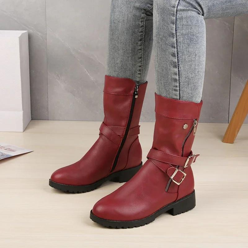 Wadenhohe Stiefel Übergröße 43 Damen Schnalle Goth Stiefel Damen Niedriger Blockabsatz Reißverschluss Leder Flache Schuhe Rot Schwarz Grau Stiefel