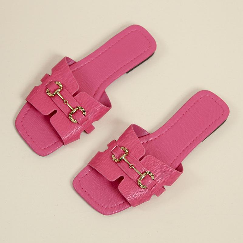 Wear Metal Buckle Square Head Flat Slippers Women's Summer New Sandals Large Size Slippers