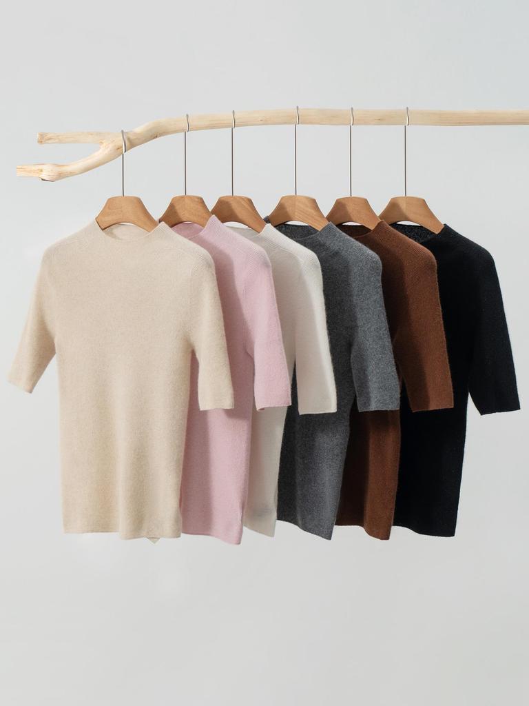 Elegant Fine-Spun Cashmere Mid-Sleeve Knit Turtleneck Pullover