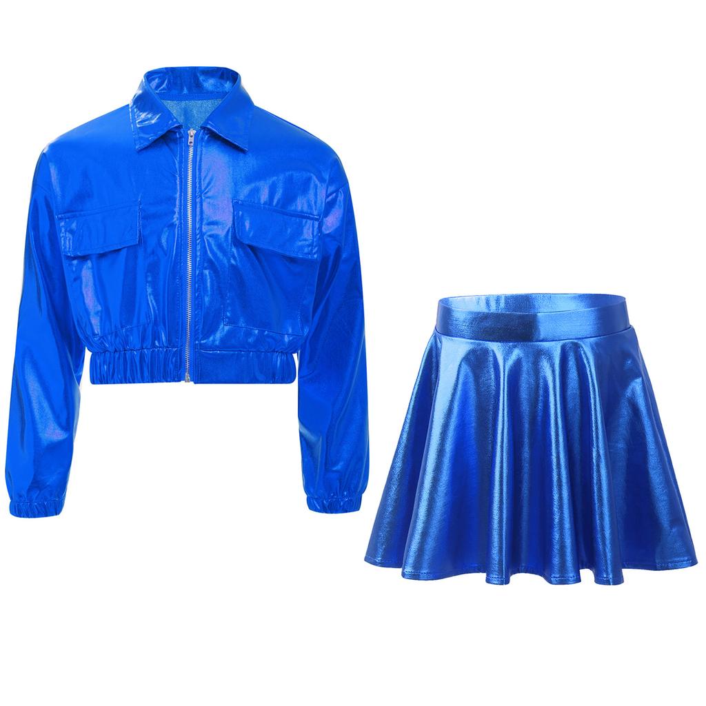 Mädchen Metallic Hip Hop Jazz Tanz Umlegekragen Langarm Reißverschluss Jacke Elastischer Bund Ausgestellter A-Linien Rock