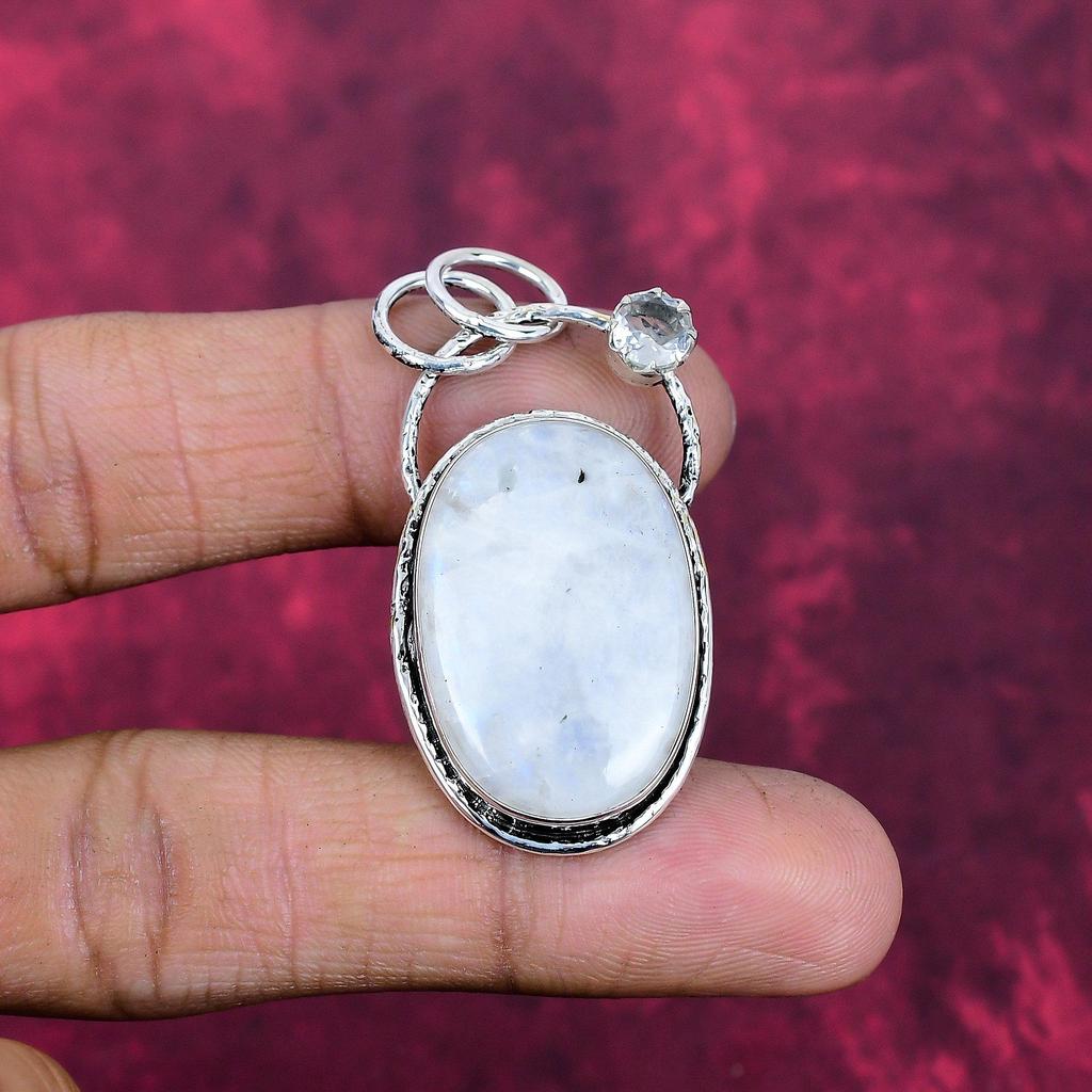 Regenbogenmondstein & Weißtopas Schmuck, 925 Massiv Sterlingsilber Anhänger Schmuck, Handgefertigter Anhänger Edelstein Schmuck für Frauen