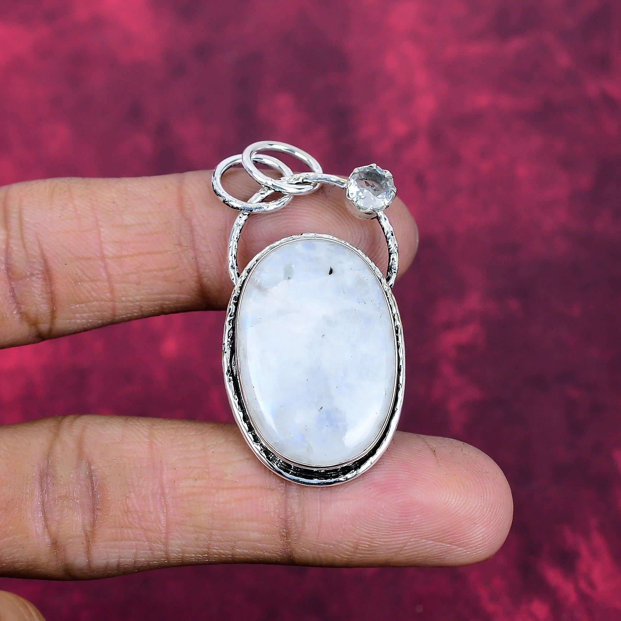 

Rainbow Moonstone & White Topaz Jewelry, 925 Solid Sterling Silver Pendant Jewelry, Handmade Pendant Gemstone Jewelry For Women 1.96 Inches