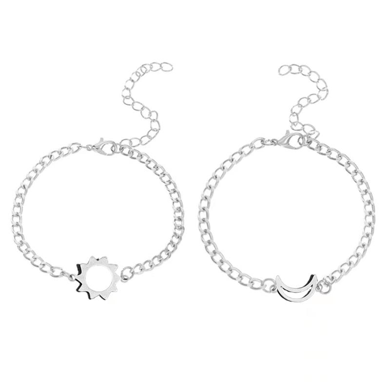 2Pcs/set Stainless Steel Simple Hollow Love Sun Moon Chain Bracelets Temperament Ins Chain Ladies Couple Card Bracelet 1